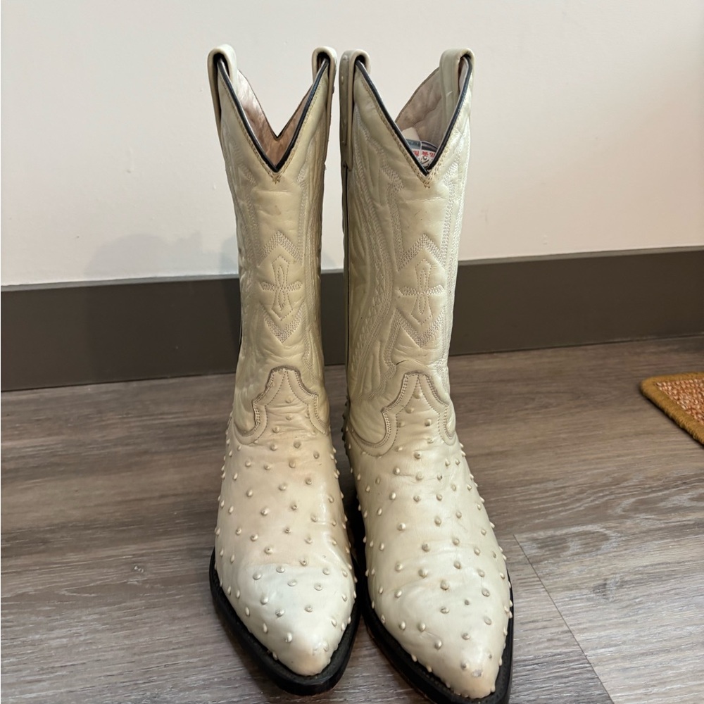 RUDEL White Ostrich Leather Cowboy Boots